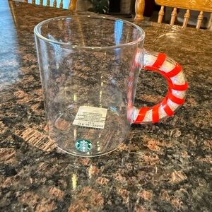 Starbucks 2020 Clear Glass Mug with Red Striped glitter filled Handle with tag